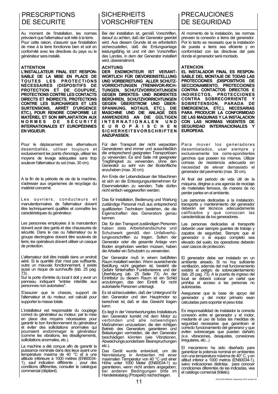 Prescriptions de securite, Sicherheits vorschriften, Precauciones de seguridad | Winco ECO32 Revision 32 2012 User Manual | Page 11 / 98