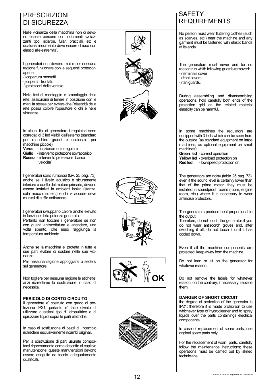 Prescrizioni di sicurezza, Safety requirements | Winco ECO32 Revision 32 2012 User Manual | Page 12 / 98