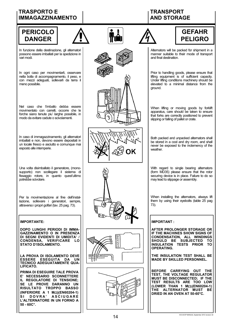 Pericolo danger gefahr peligro, Trasporto e immagazzinamento, Transport and storage | Winco ECO32 Revision 32 2012 User Manual | Page 14 / 98