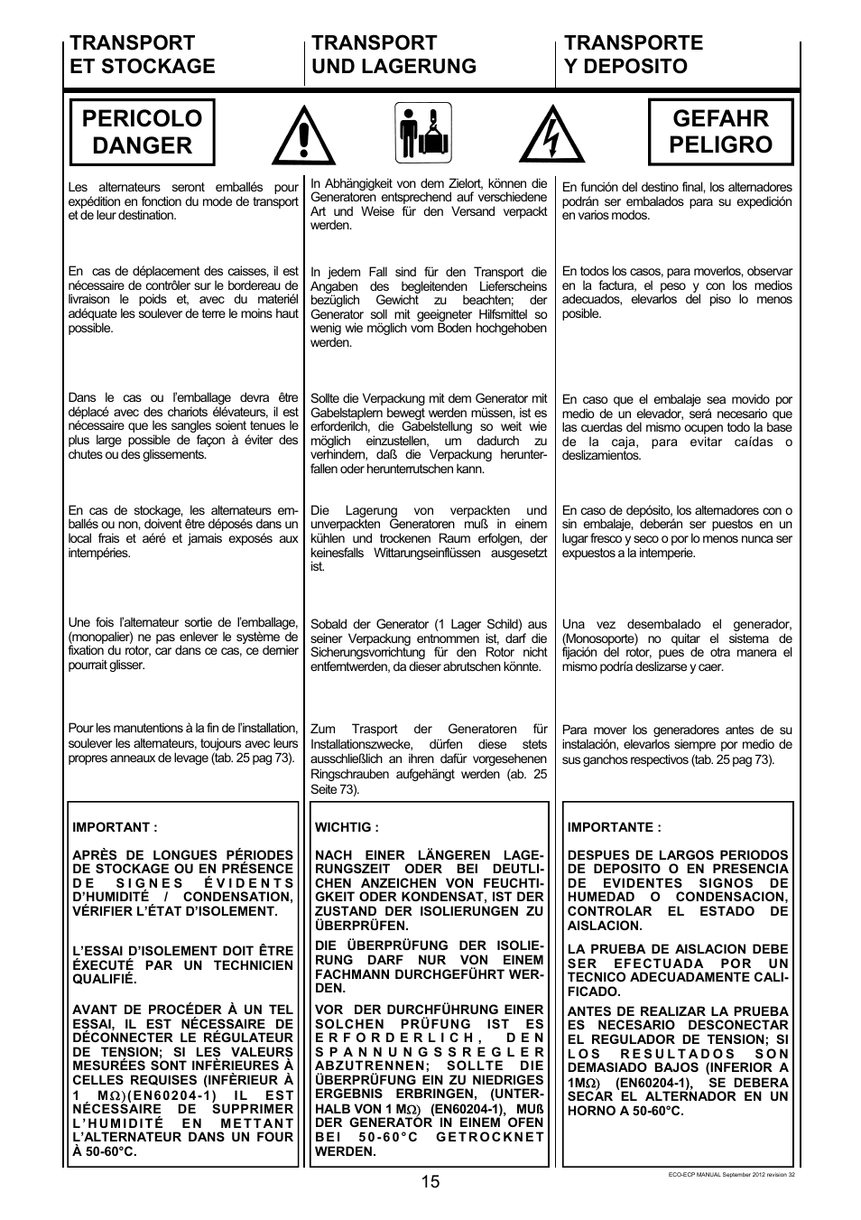 Pericolo danger gefahr peligro, Transport et stockage, Transport und lagerung | Transporte y deposito | Winco ECO32 Revision 32 2012 User Manual | Page 15 / 98