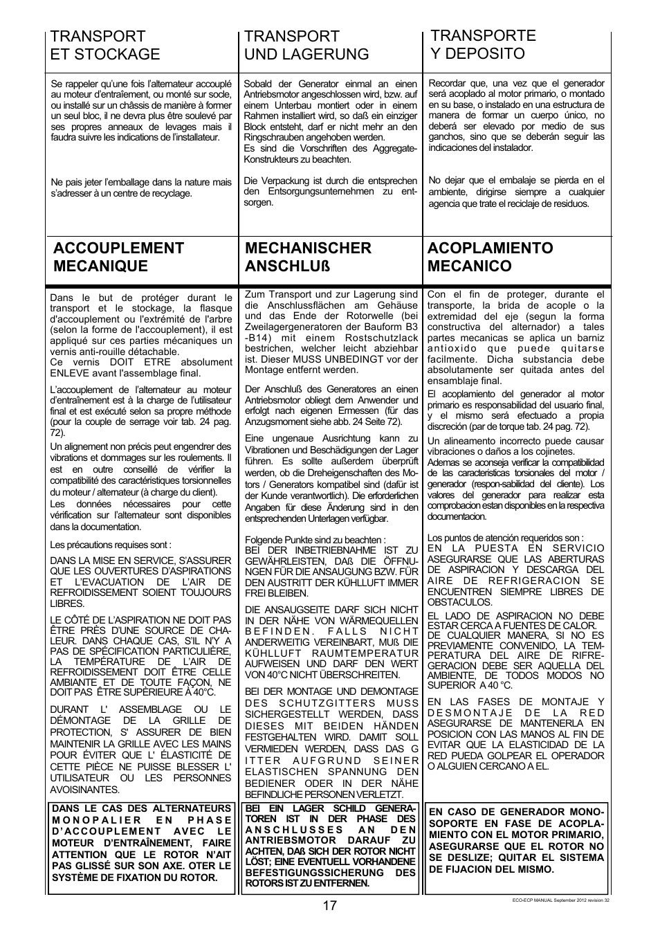 Transport et stockage, Transport und lagerung, Transporte y deposito | Winco ECO32 Revision 32 2012 User Manual | Page 17 / 98