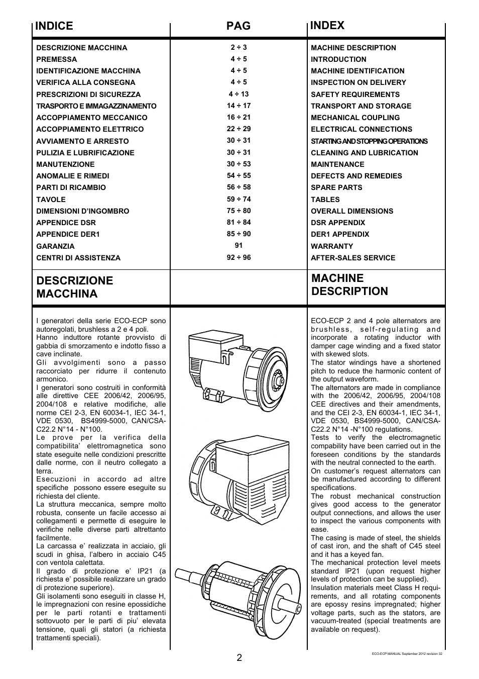 Descrizione macchina indice, Pag index, Machine description | Winco ECO32 Revision 32 2012 User Manual | Page 2 / 98