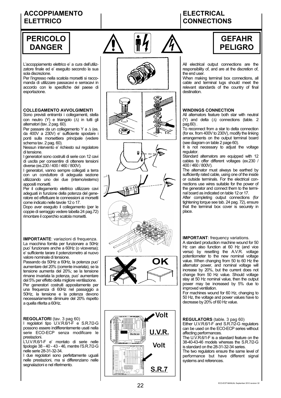 Pericolo danger gefahr peligro, Accoppiamento elettrico, Electrical connections | Winco ECO32 Revision 32 2012 User Manual | Page 22 / 98