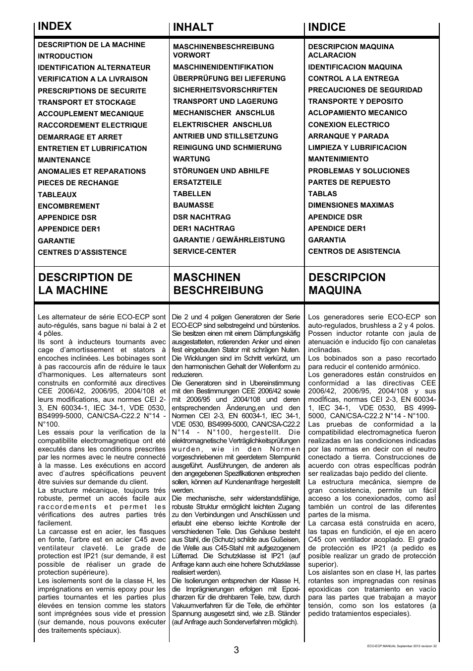 Indice inhalt index | Winco ECO32 Revision 32 2012 User Manual | Page 3 / 98