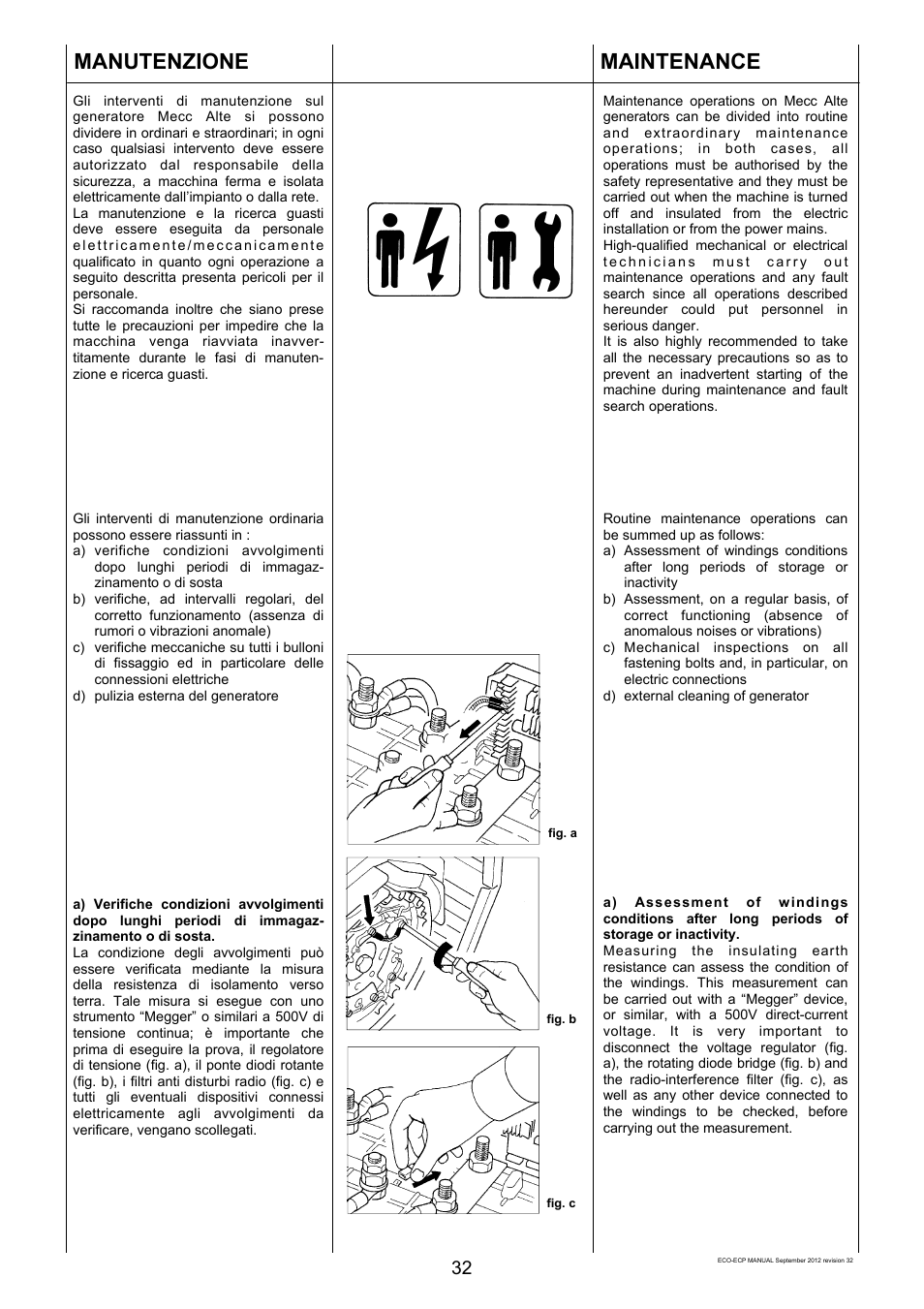 Manutenzione, Maintenance | Winco ECO32 Revision 32 2012 User Manual | Page 32 / 98