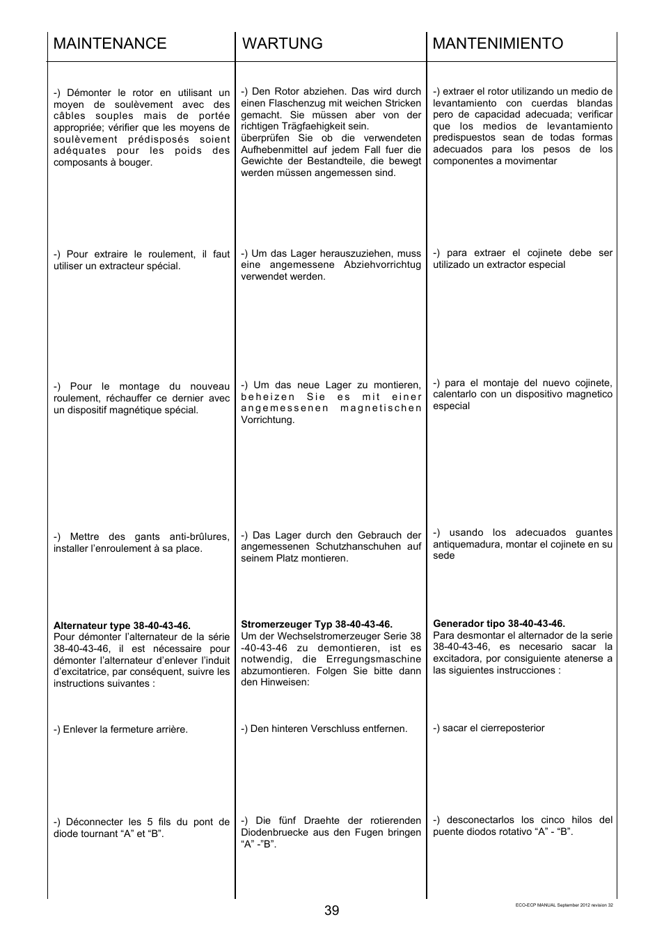 Maintenance, Wartung, Mantenimiento | Winco ECO32 Revision 32 2012 User Manual | Page 39 / 98