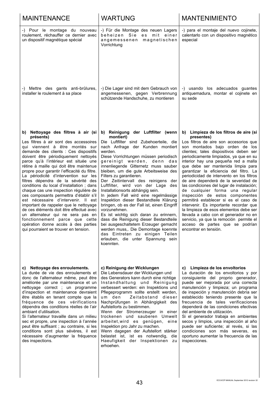 Maintenance, Wartung, Mantenimiento | Winco ECO32 Revision 32 2012 User Manual | Page 43 / 98
