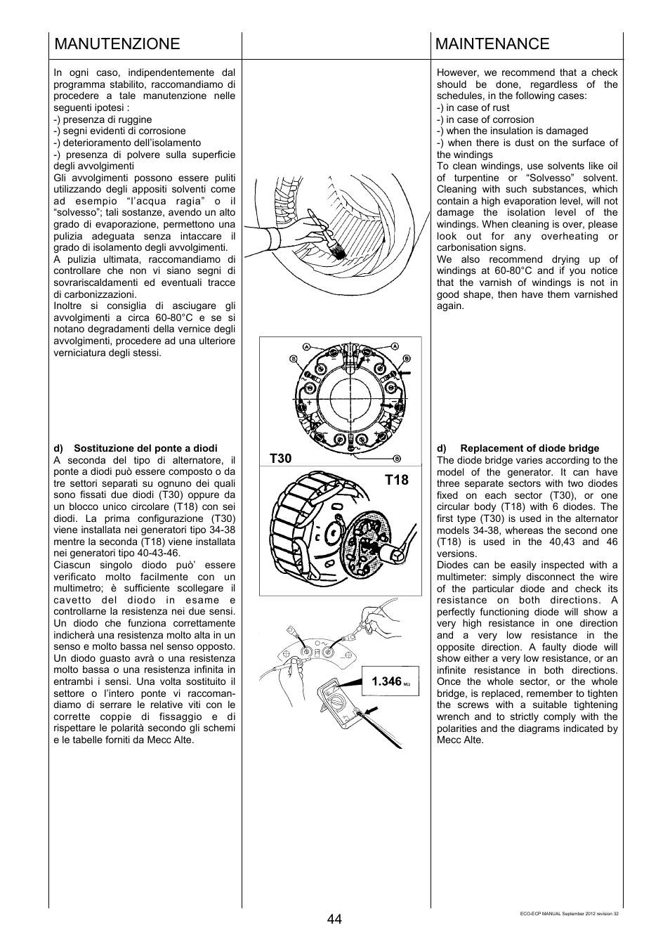 Manutenzione, Maintenance | Winco ECO32 Revision 32 2012 User Manual | Page 44 / 98