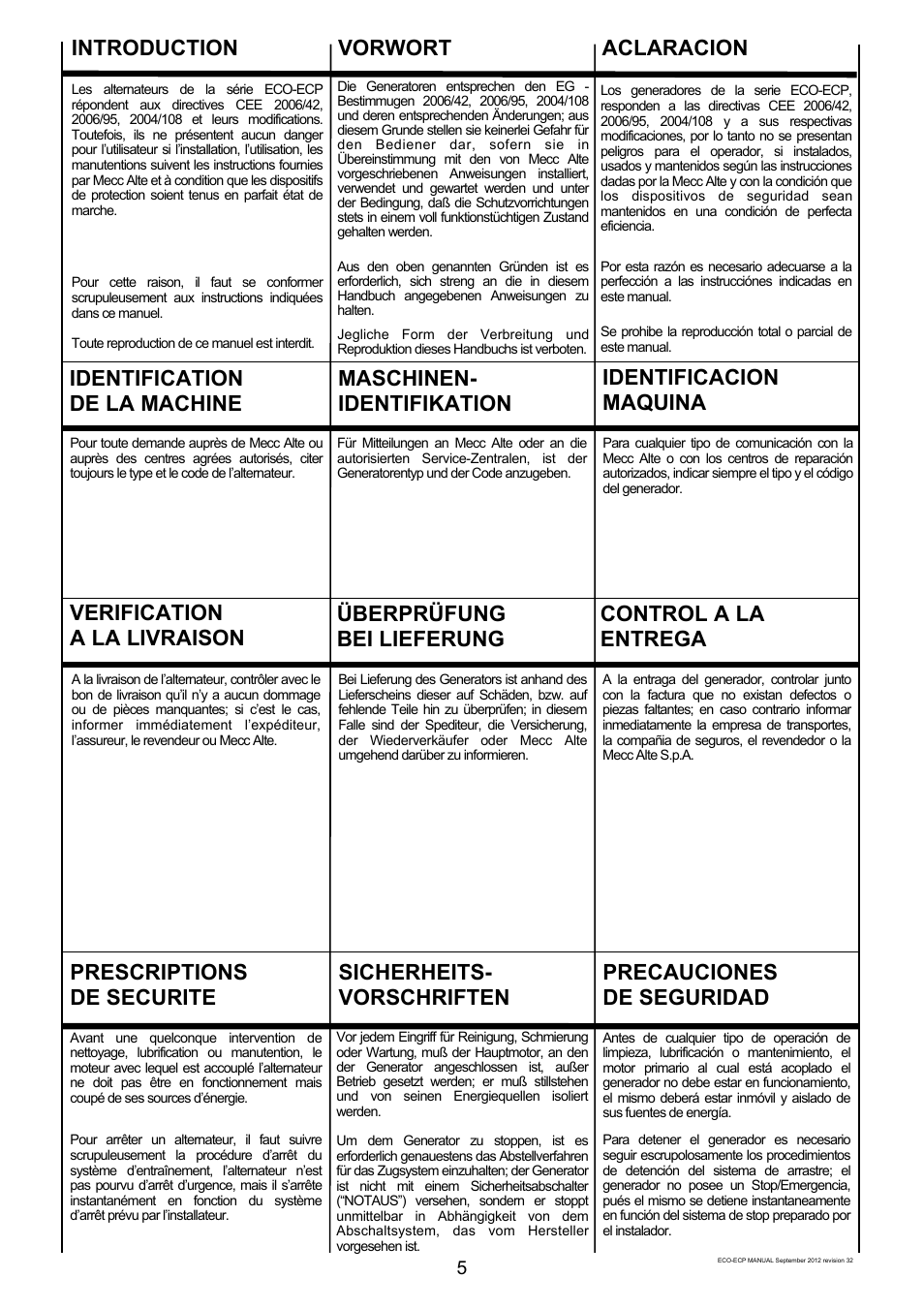 Introduction vorwort aclaracion, Verification a la livraison, Prescriptions de securite | Winco ECO32 Revision 32 2012 User Manual | Page 5 / 98