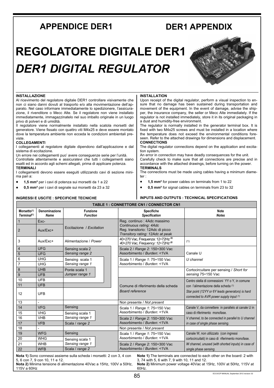 Regolatore digitale der1, Der1 digital regulator, Appendice der1 | Der1 appendix | Winco ECO32 Revision 32 2012 User Manual | Page 85 / 98
