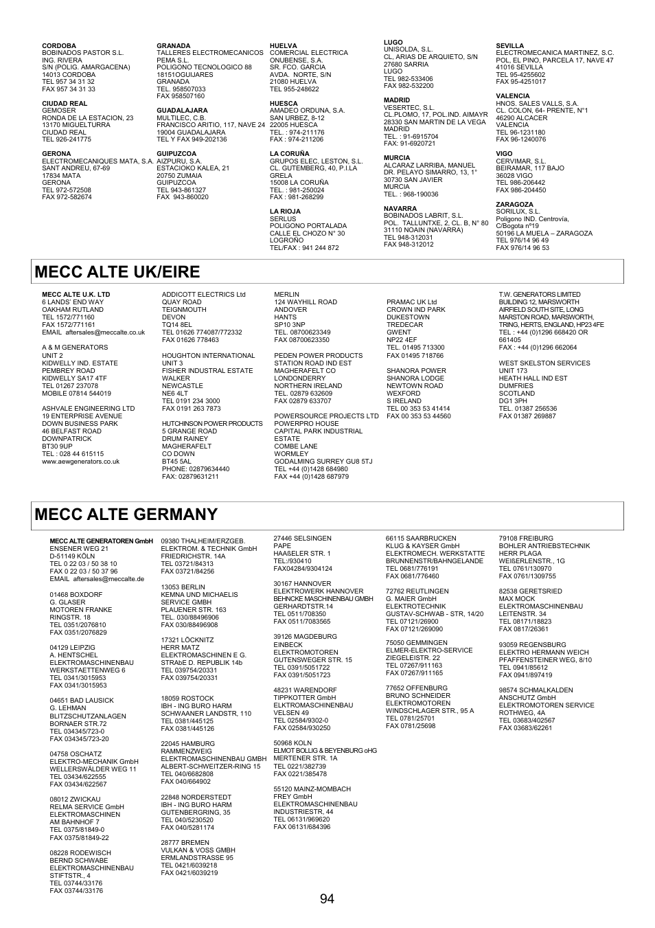 Mecc alte uk/eire, Mecc alte germany | Winco ECO32 Revision 32 2012 User Manual | Page 94 / 98