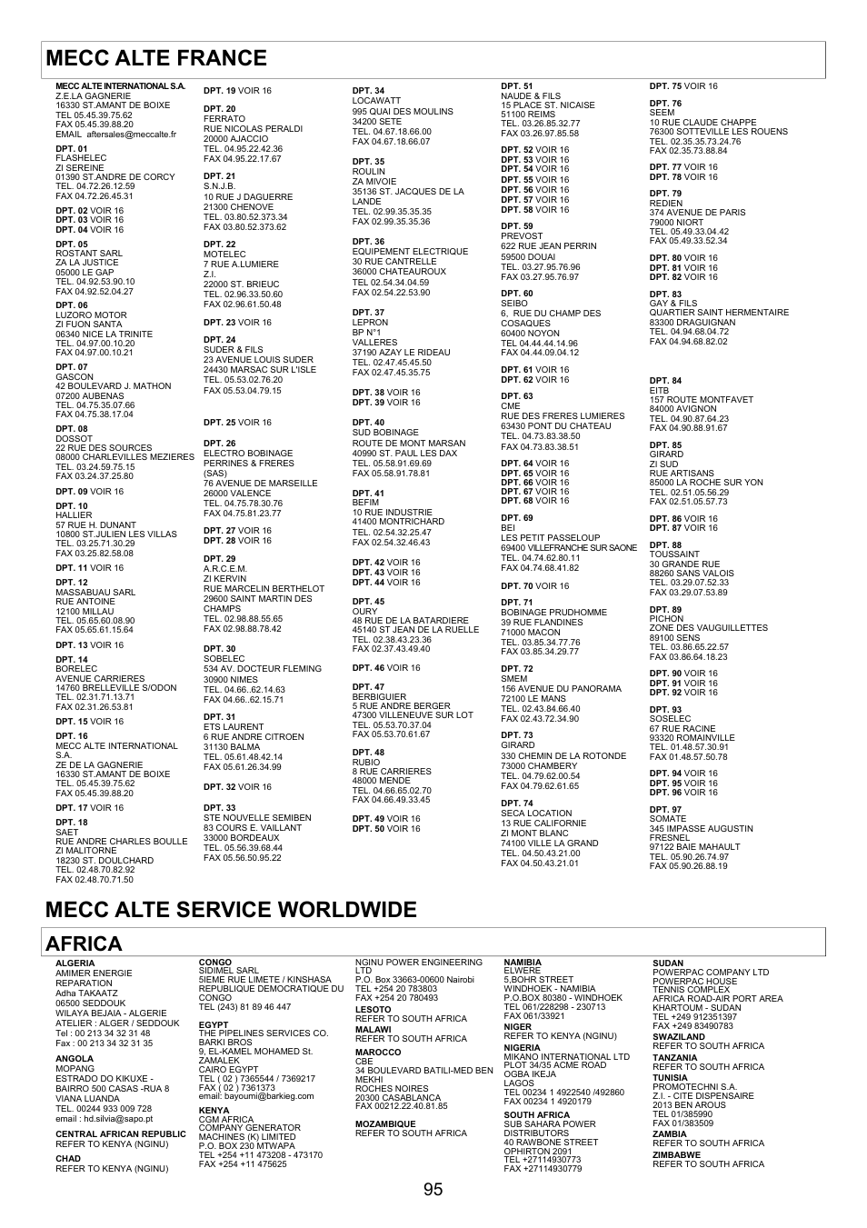 Mecc alte service worldwide, Mecc alte france, Africa | Winco ECO32 Revision 32 2012 User Manual | Page 95 / 98