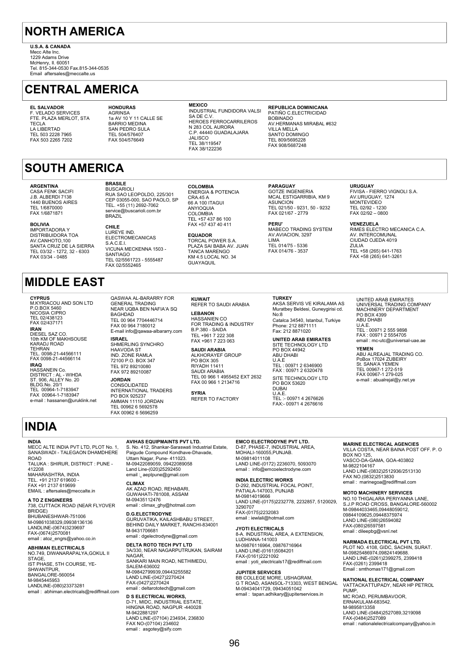 Central america, Middle east, India north america south america | Winco ECO32 Revision 32 2012 User Manual | Page 96 / 98