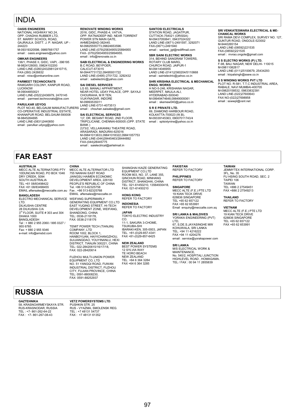 Far east russia, India | Winco ECO32 Revision 32 2012 User Manual | Page 97 / 98
