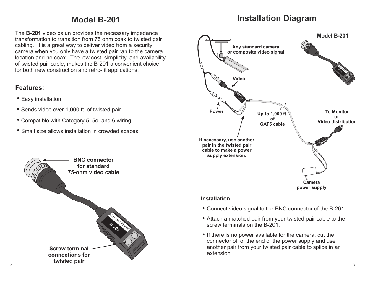 Model b-201, Installation diagram, Features | Channel Vision B-201 User Manual | Page 2 / 2