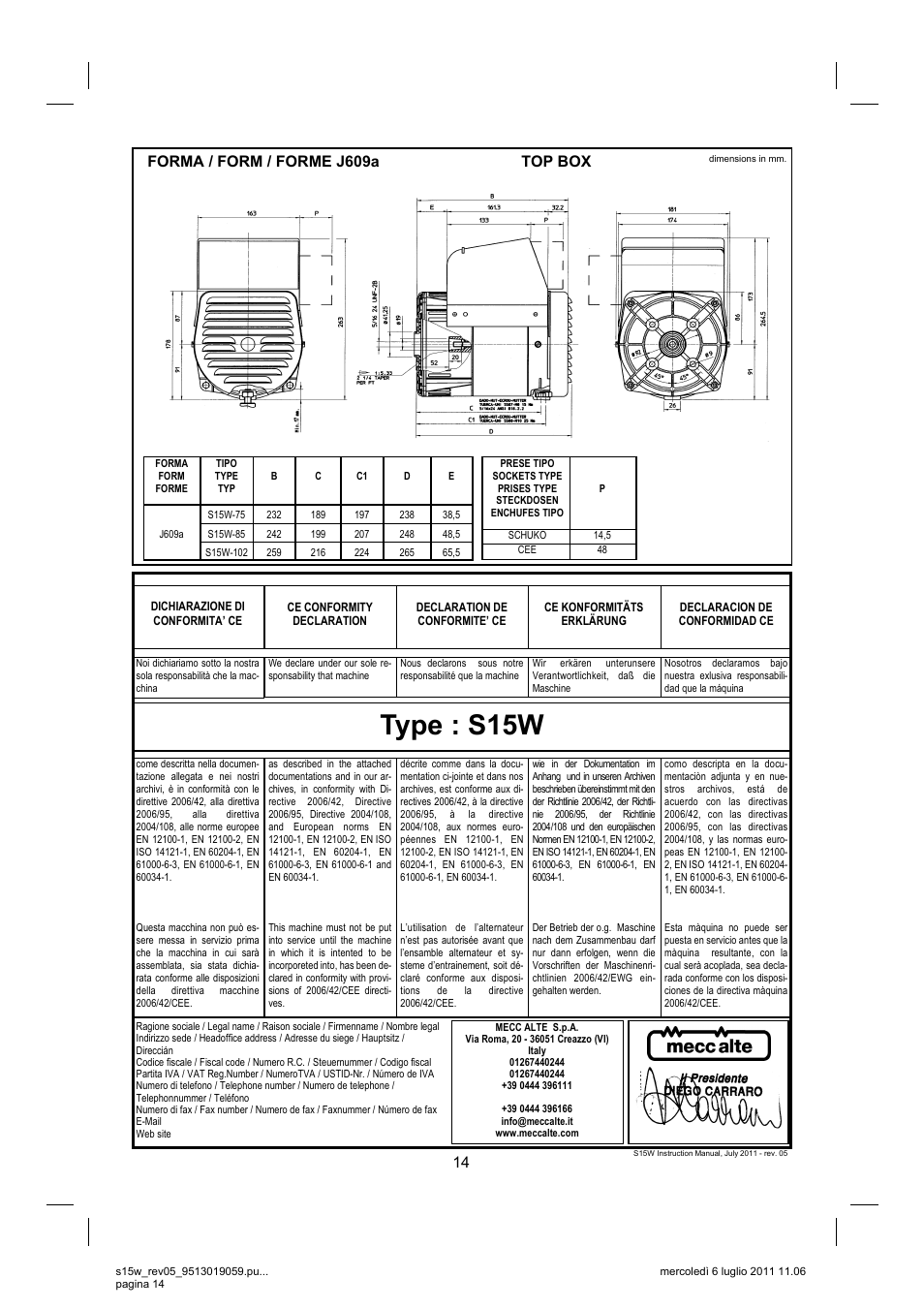 Type : s15w, Forma / form / forme j609a top box | Winco S15W-75 REV 5 User Manual | Page 14 / 16
