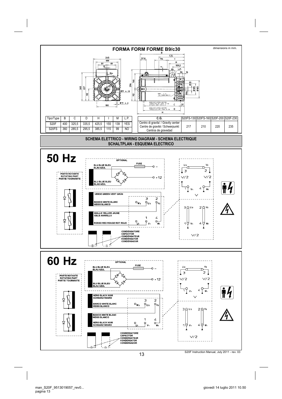 50 hz 60 hz, Forma form forme b9/c30 | Winco S20F User Manual | Page 13 / 16