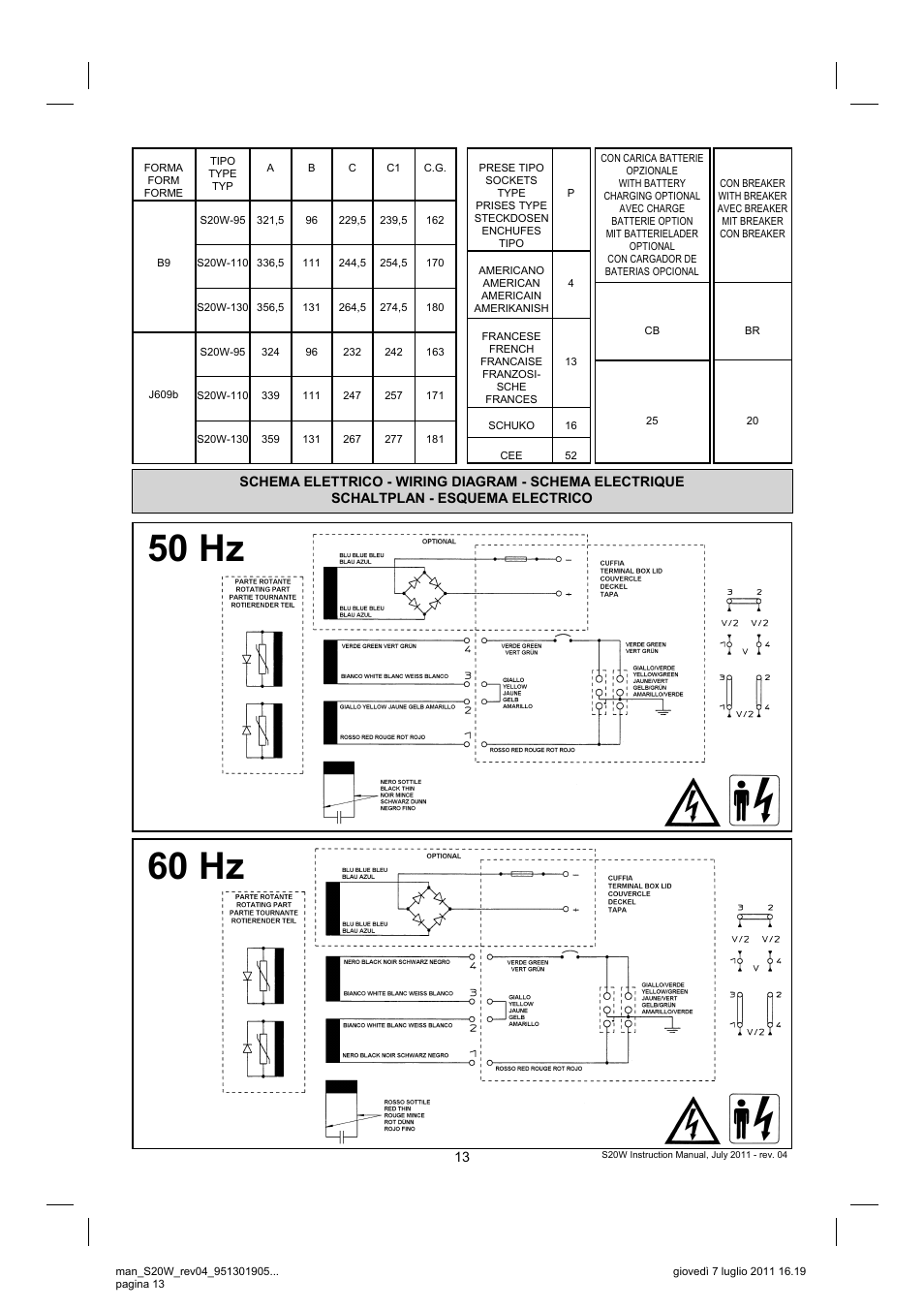 50 hz 60 hz | Winco S20W REV 4 7-2011 User Manual | Page 13 / 16
