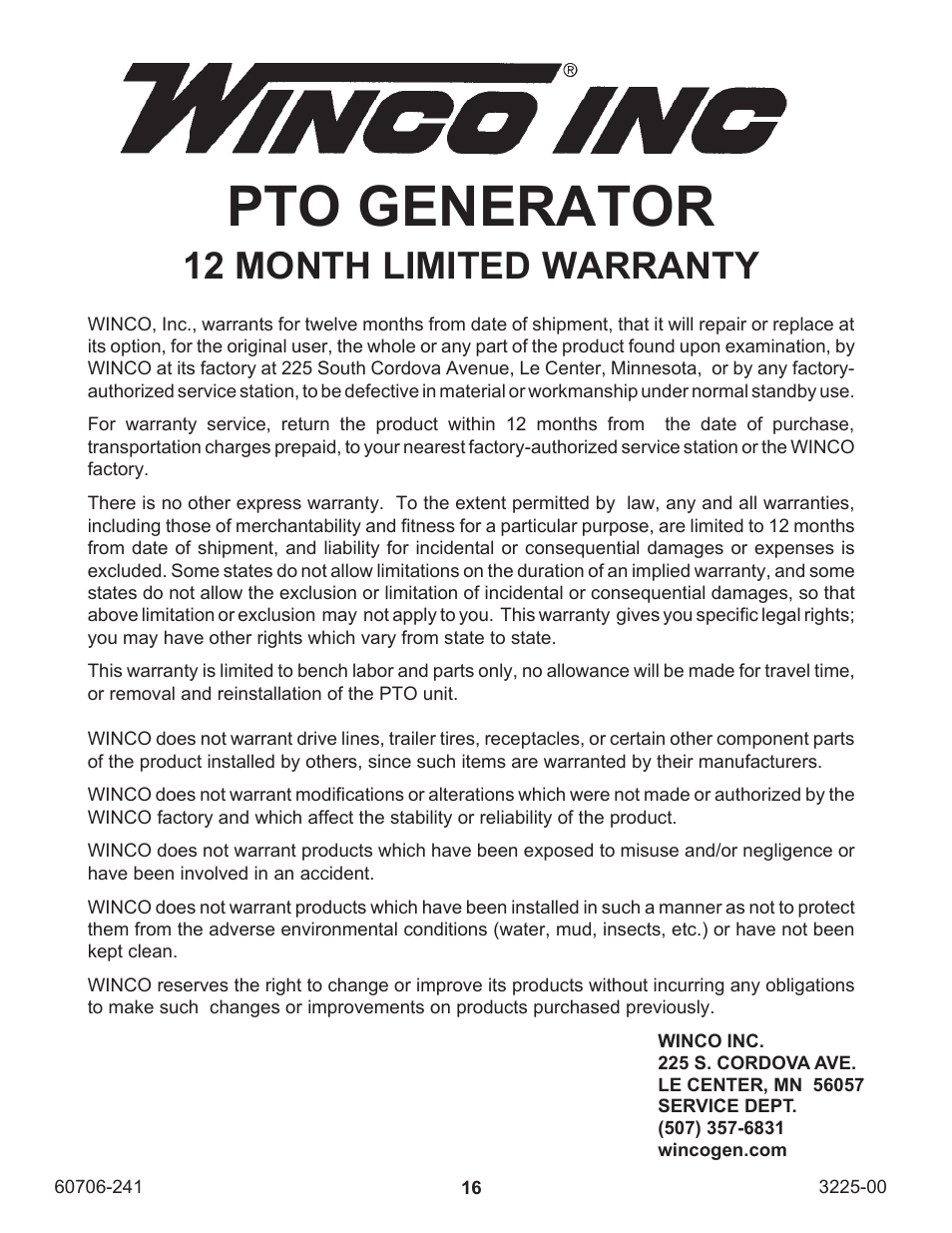 Pto generator, 1 month limited warranty | Winco W10PTOS/A User Manual | Page 16 / 16