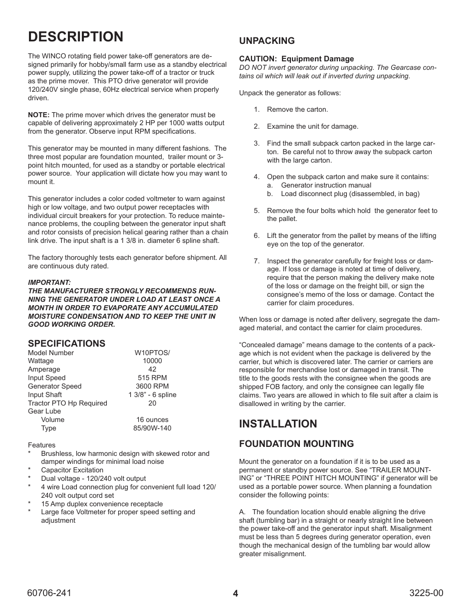 Description, Installation, Specifications | Unpacking, Foundation mounting | Winco W10PTOS/A User Manual | Page 4 / 16