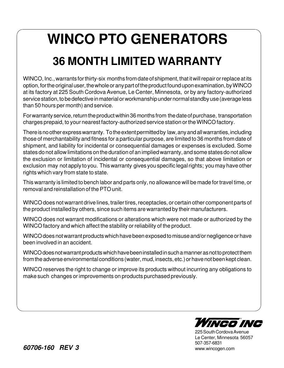Winco pto generators, 36 month limited warranty | Winco W165PTOT User Manual | Page 16 / 16