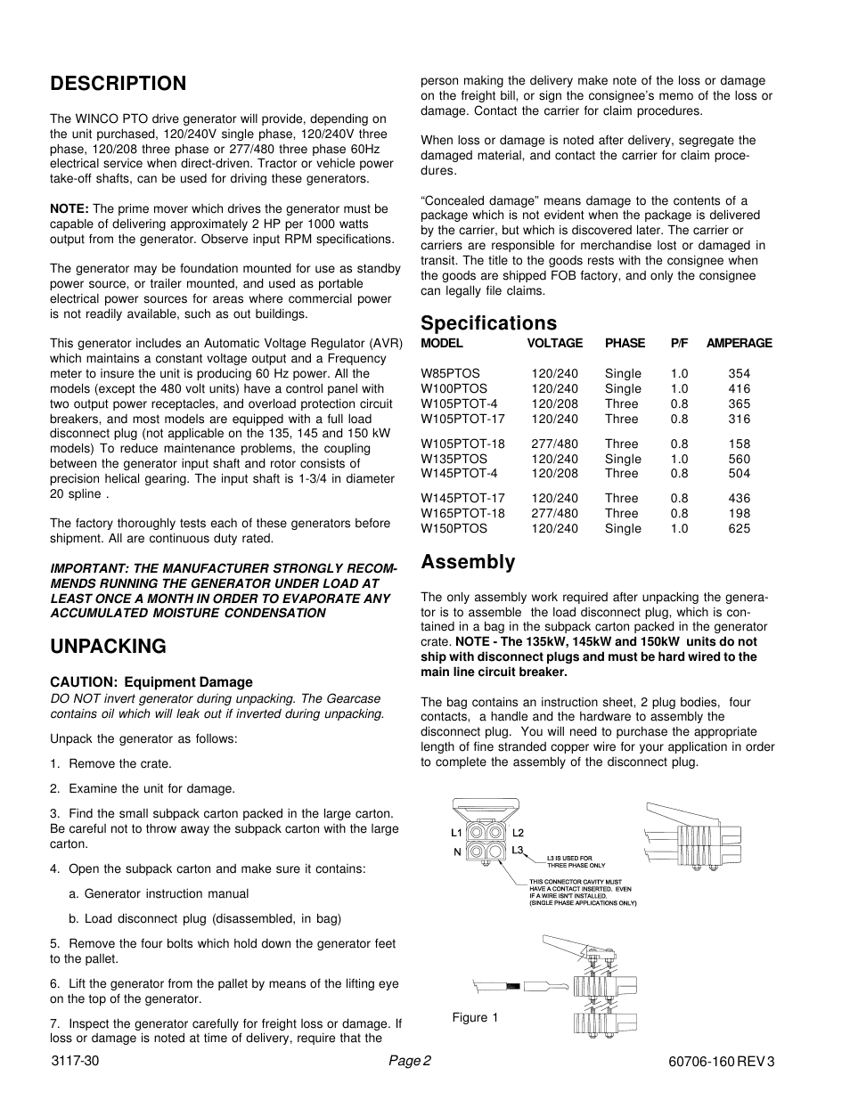 Description, Unpacking, Specifications | Assembly | Winco W165PTOT User Manual | Page 4 / 16