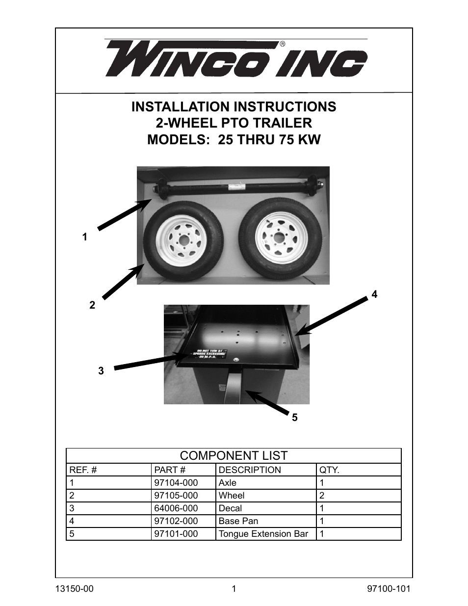 Winco 2-WHEEL PTO TRAILER 25 THRU 75 KW User Manual | 7 pages