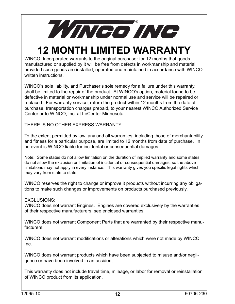 12 month limited warranty | Winco 2FS Generators 2000 Watt Belt Drive User Manual | Page 12 / 12