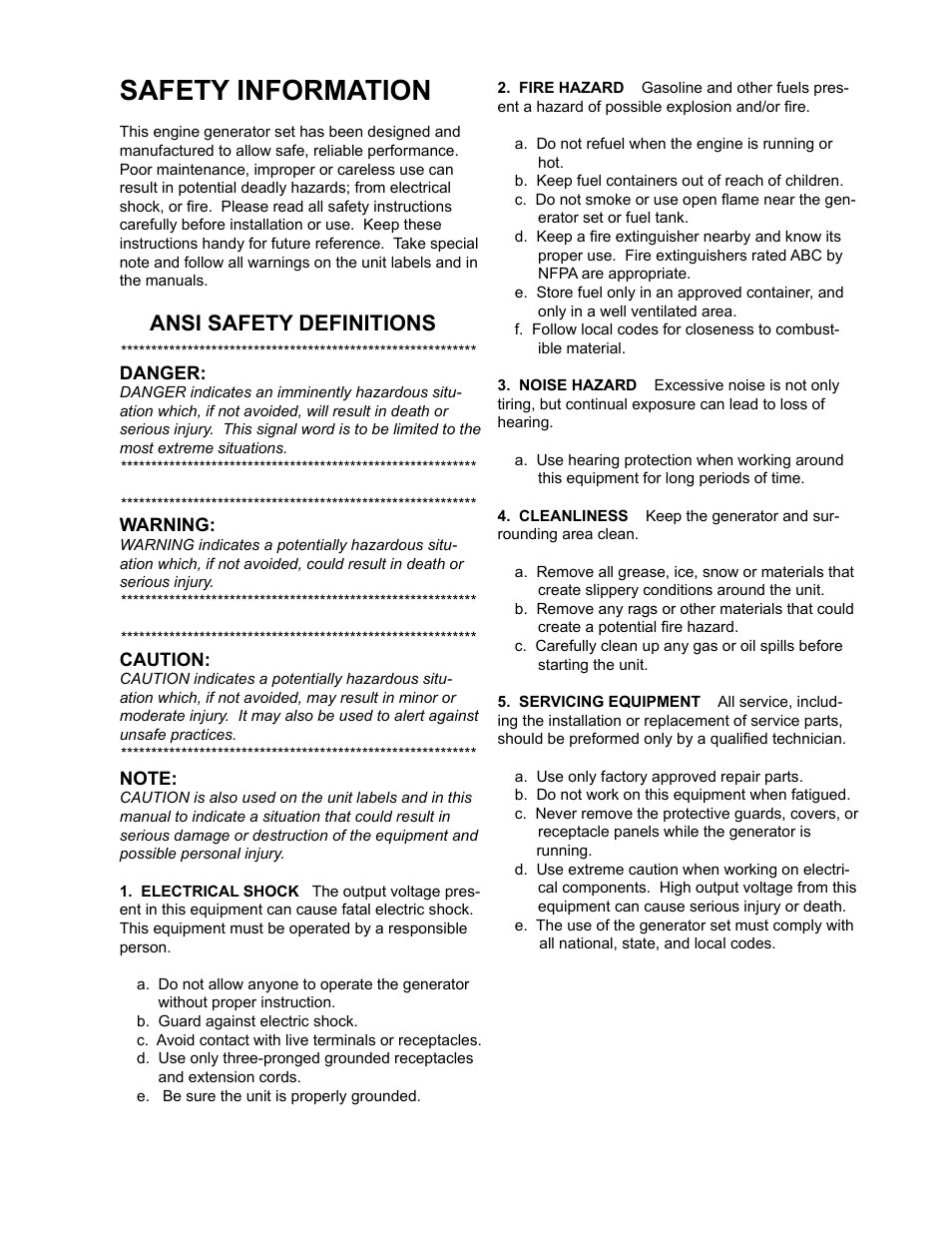 Safety information, Ansi safety definitions | Winco 2FS Generators 2000 Watt Belt Drive User Manual | Page 3 / 12
