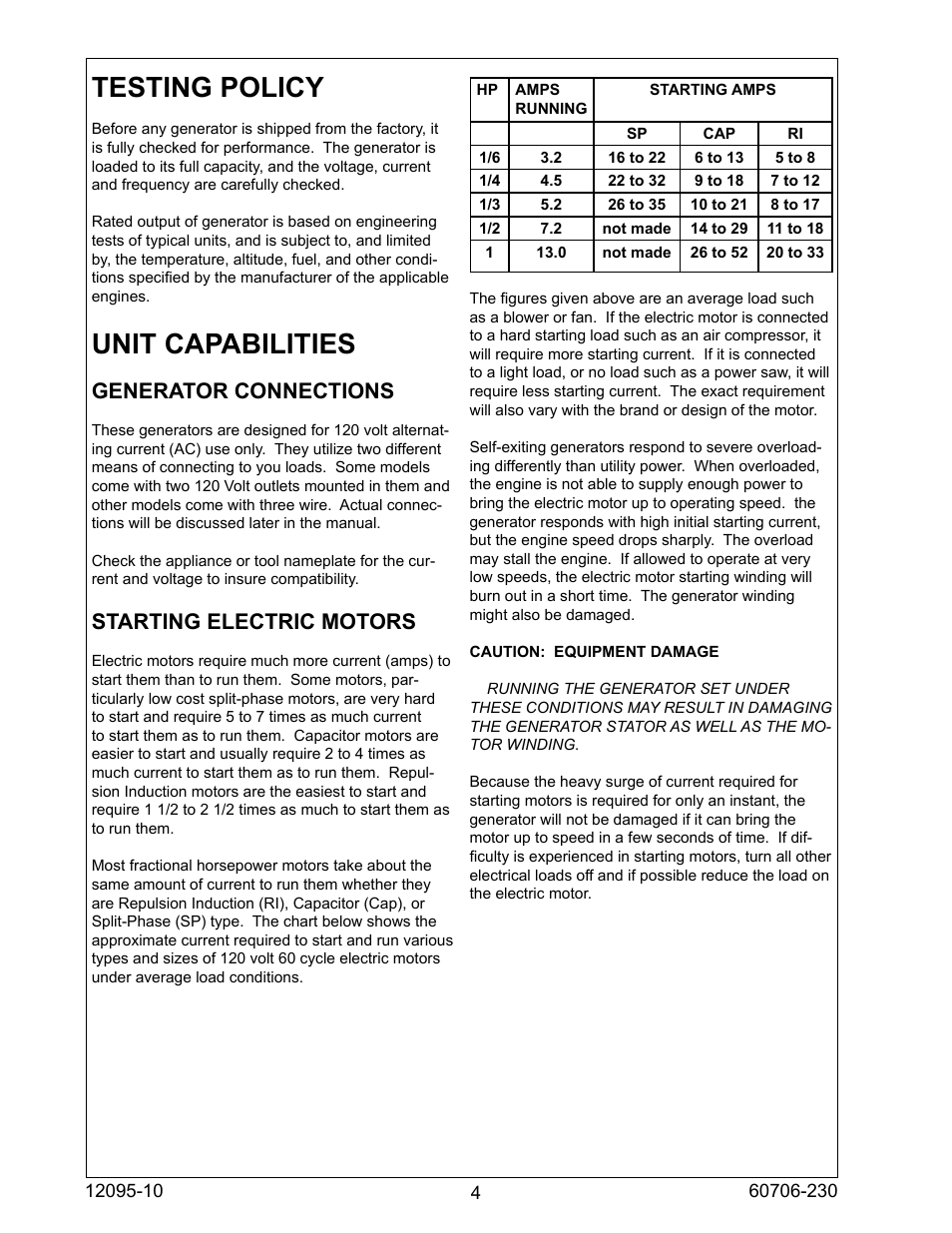 Testing policy, Unit capabilities, Generator connections | Starting electric motors | Winco 2FS Generators 2000 Watt Belt Drive User Manual | Page 4 / 12