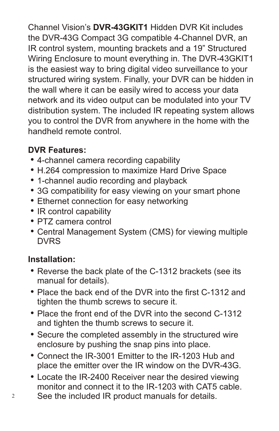 Specifications, Installation | Channel Vision 43GKIT1 User Manual | Page 2 / 4