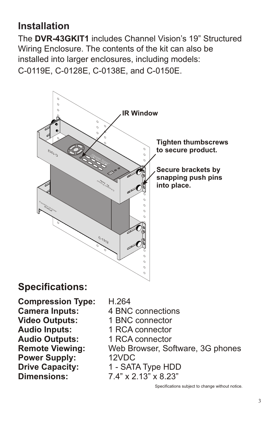 Specifications, Installation | Channel Vision 43GKIT1 User Manual | Page 3 / 4