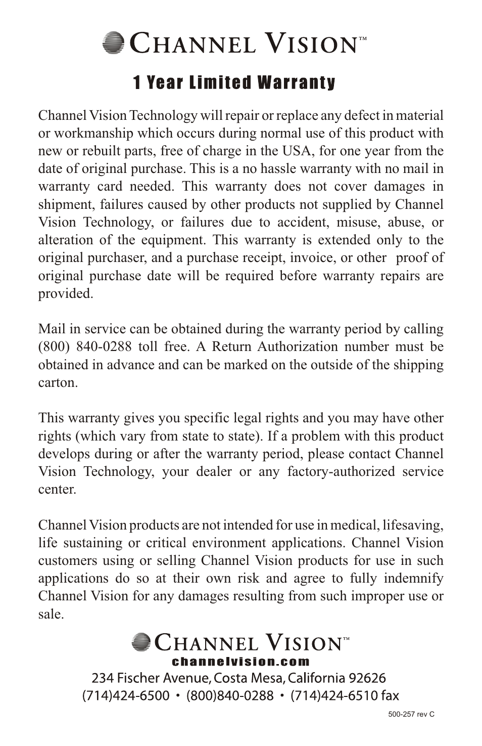 Channel Vision 43GKIT1 User Manual | Page 4 / 4