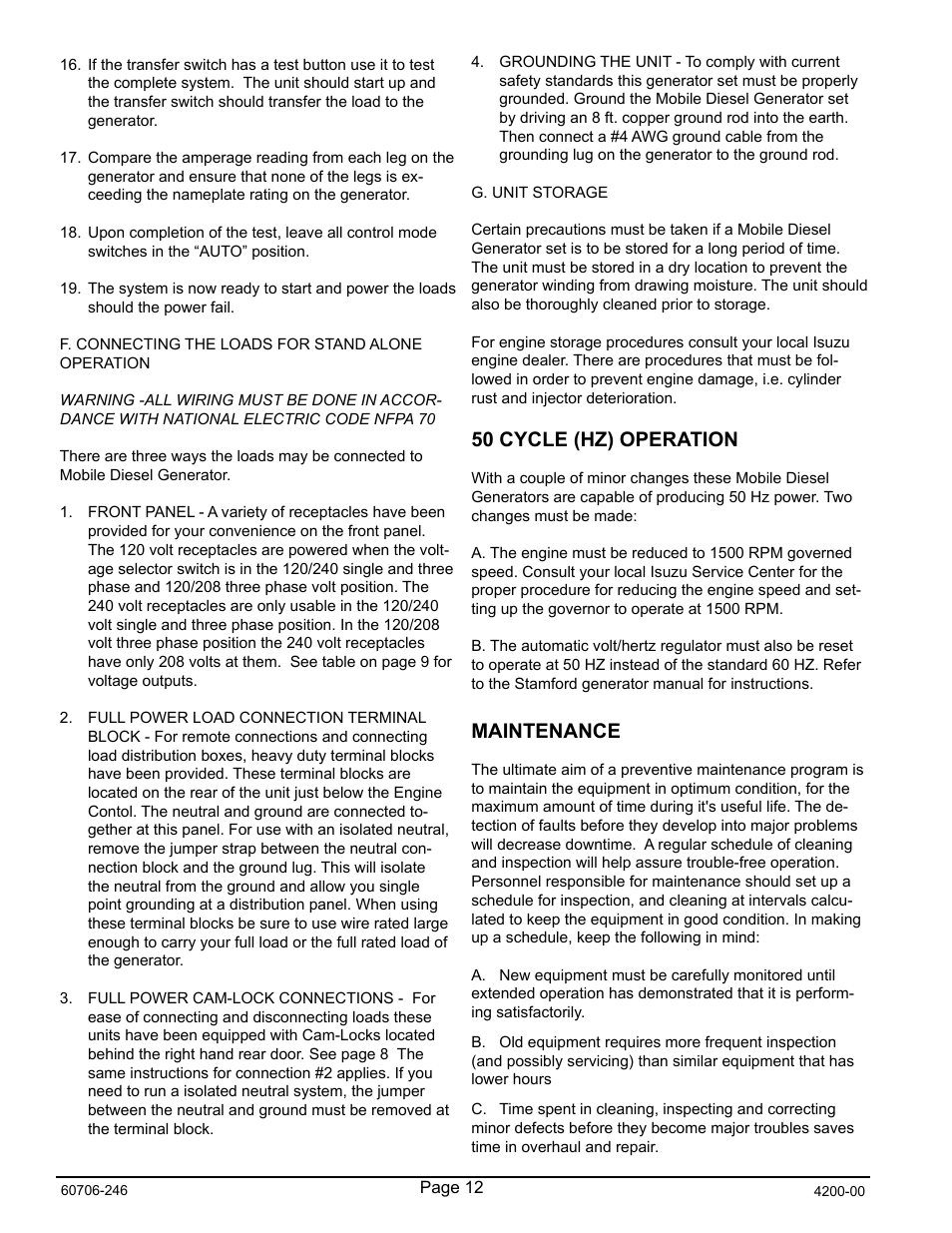 50 cycle (hz) operation, Maintenance | Winco RP25/C User Manual | Page 14 / 20