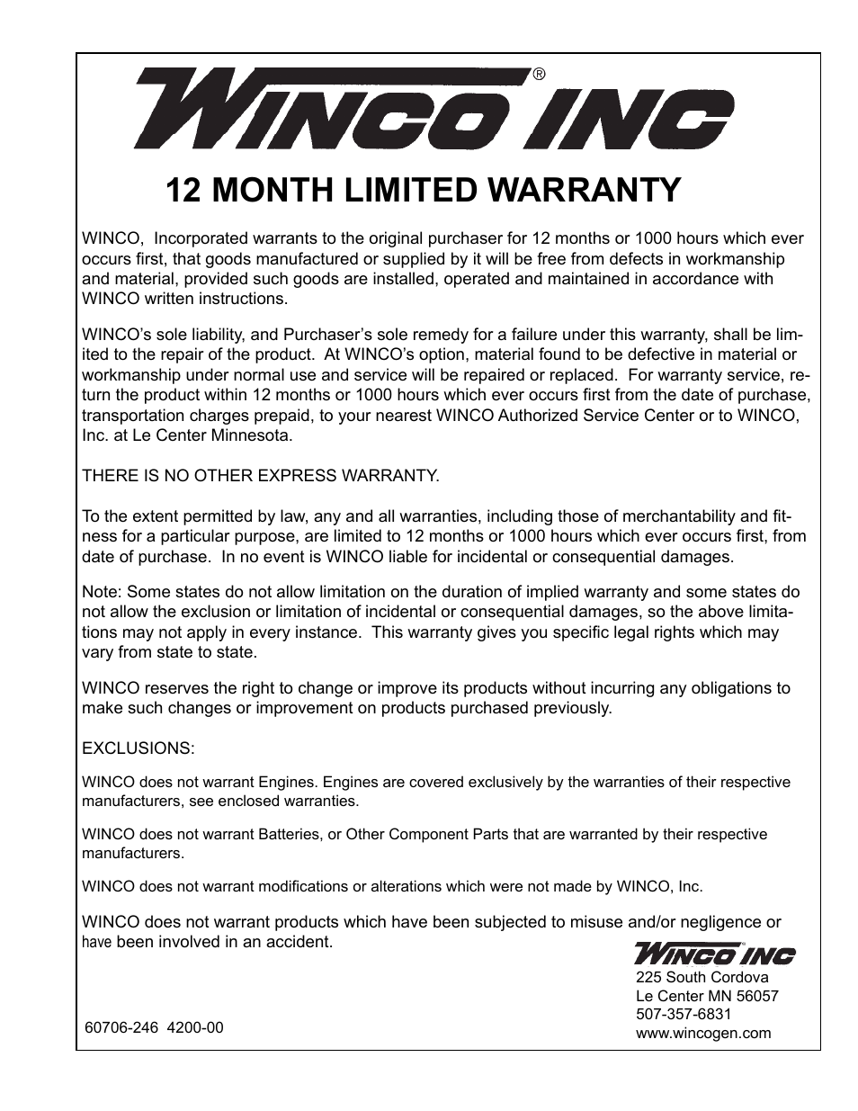 12 month limited warranty | Winco RP25/C User Manual | Page 20 / 20