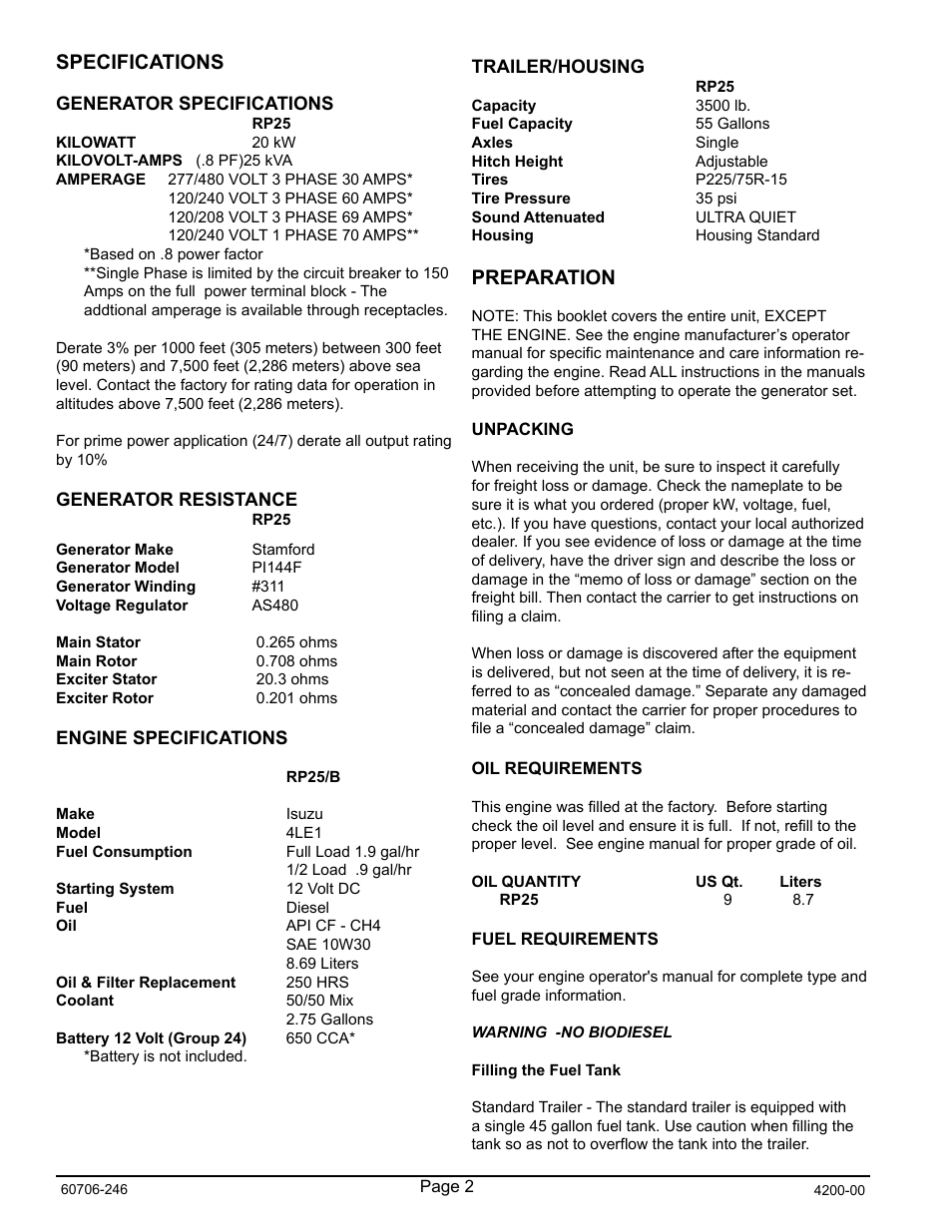 Specifications, Preparation | Winco RP25/C User Manual | Page 4 / 20