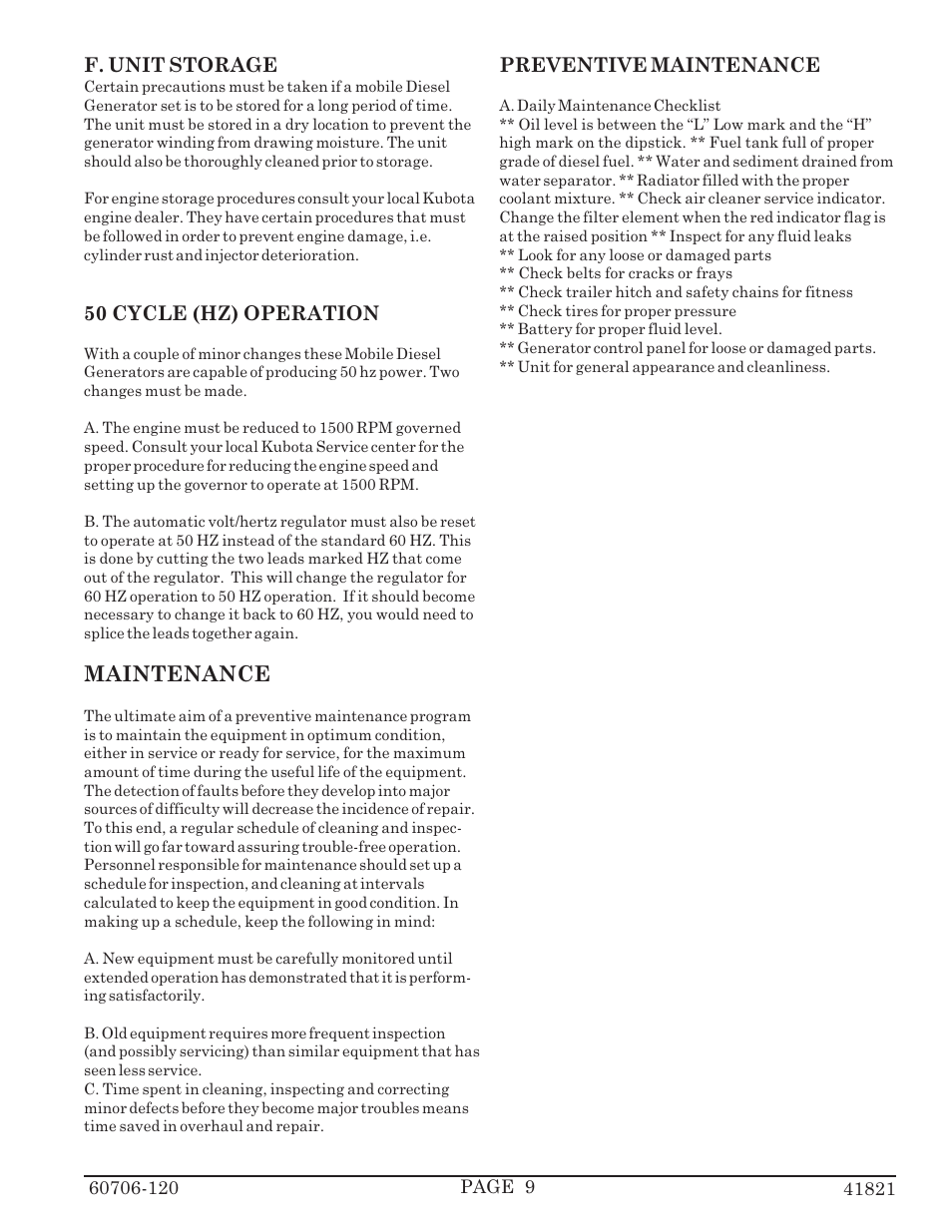 Maintenance, F. unit storage, 50 cycle (hz) operation | Preventive maintenance | Winco MD25K/C User Manual | Page 11 / 15