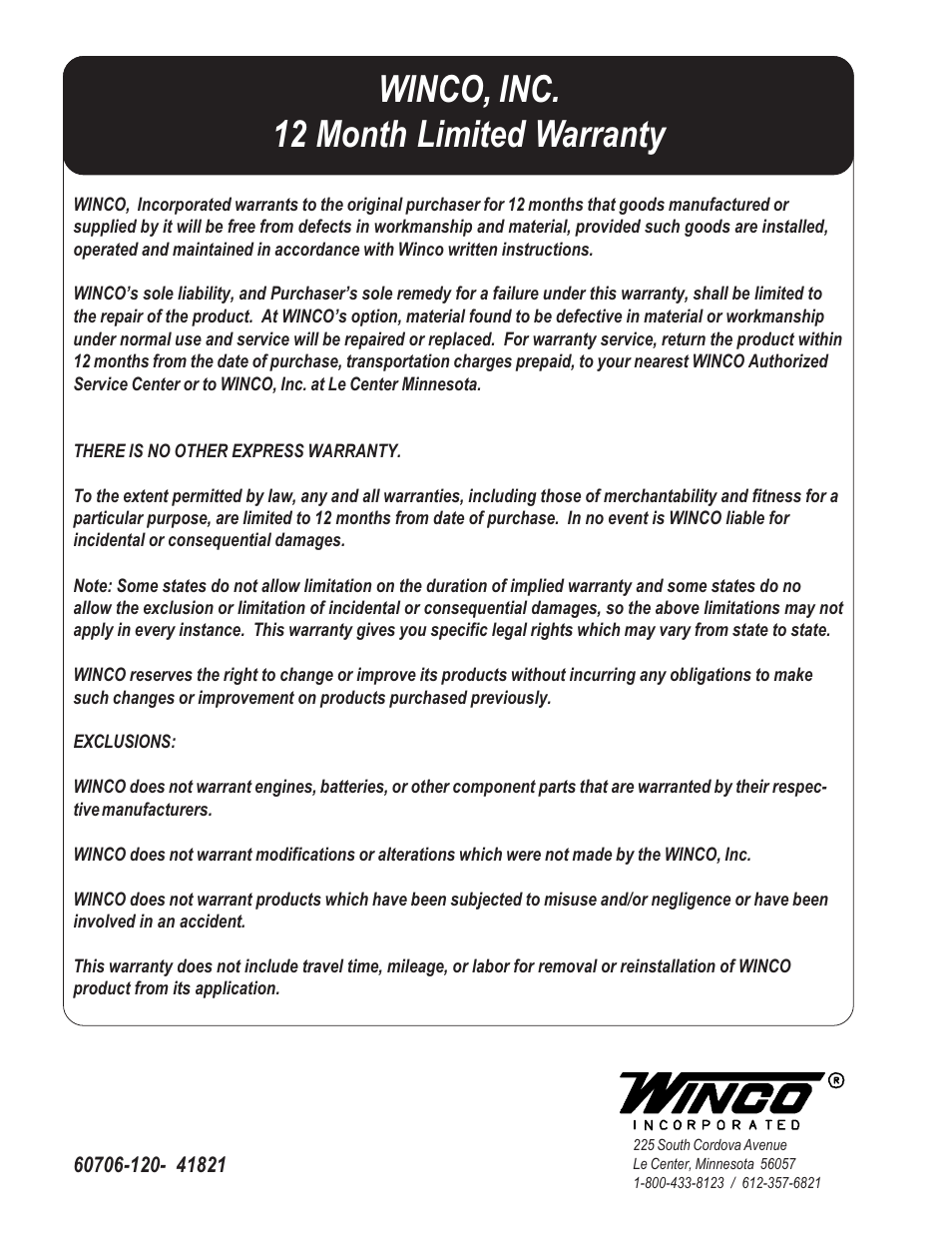 Winco, inc. 12 month limited warranty | Winco MD25K/C User Manual | Page 15 / 15