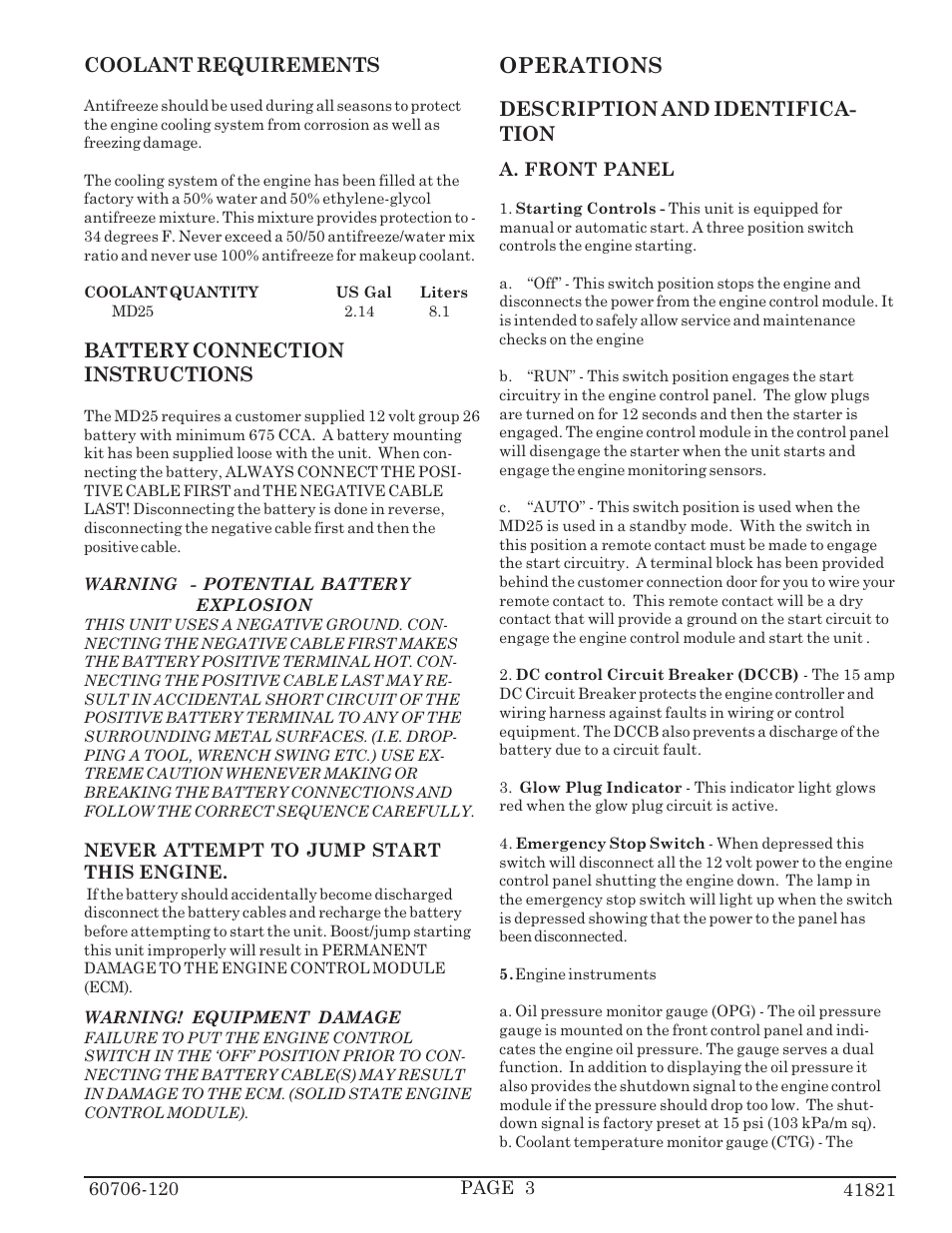 Operations, Coolant requirements, Battery connection instructions | Description and identifica- tion | Winco MD25K/C User Manual | Page 5 / 15