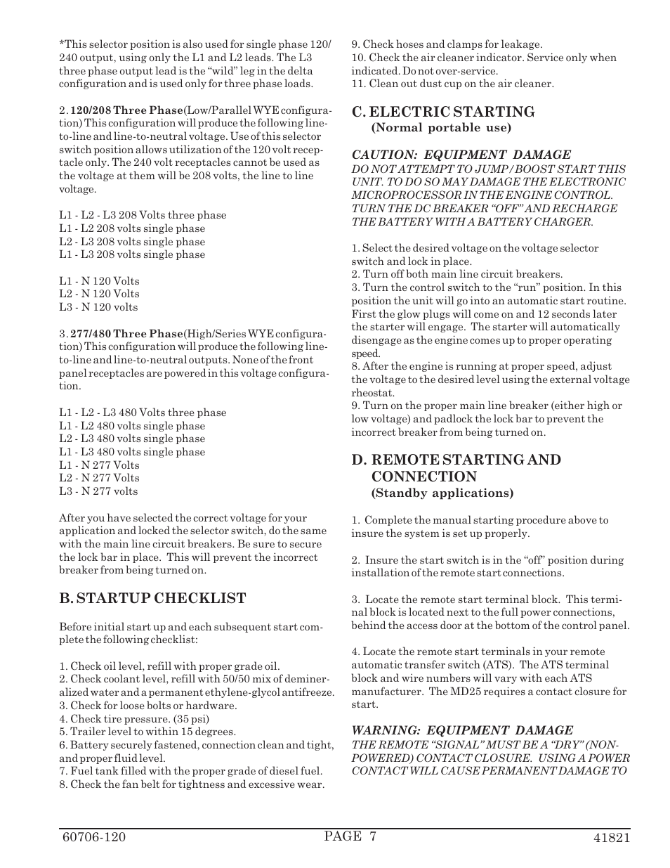B. startup checklist, C. electric starting, D. remote starting and connection | Winco MD25K/C User Manual | Page 9 / 15