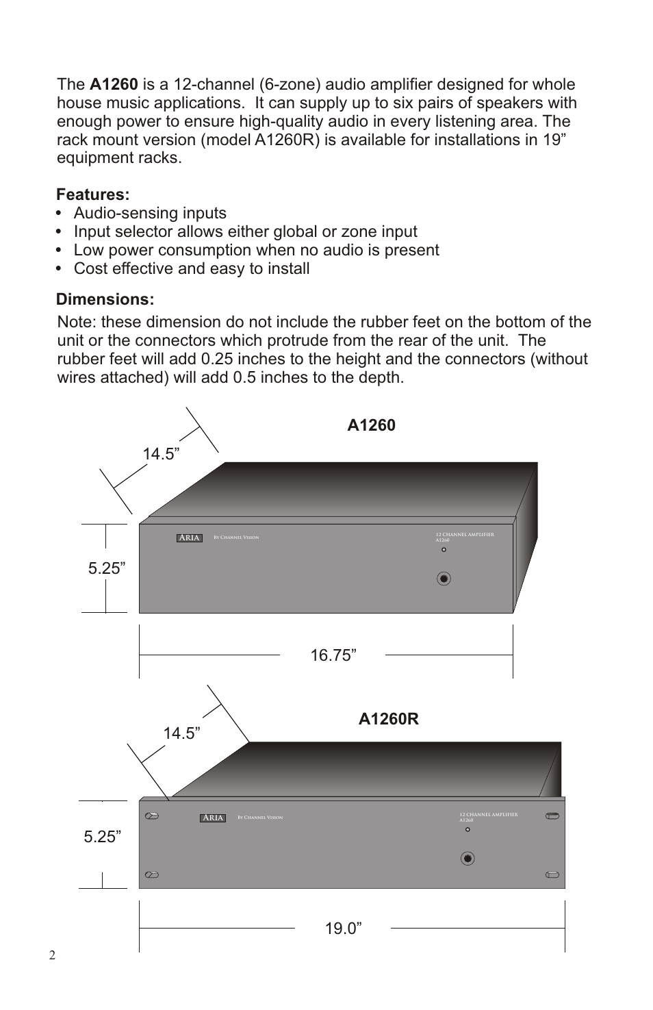 Features, Audio-sensing inputs, Input selector allows either global or zone input | Low power consumption when no audio is present | Channel Vision A1260 User Manual | Page 2 / 8