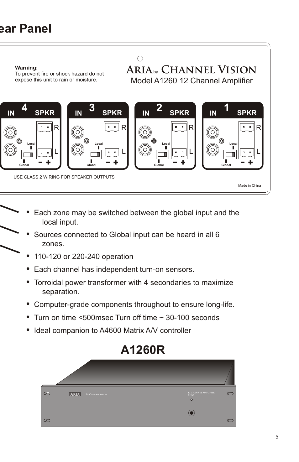 A1260r, Aria, Channel vision | Caution, Each channel has independent turn-on sensors, Ideal companion to a4600 matrix a/v controller | Channel Vision A1260 User Manual | Page 5 / 8
