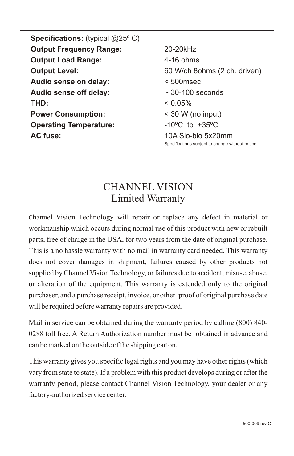 Channel vision limited warranty | Channel Vision A1260 User Manual | Page 8 / 8