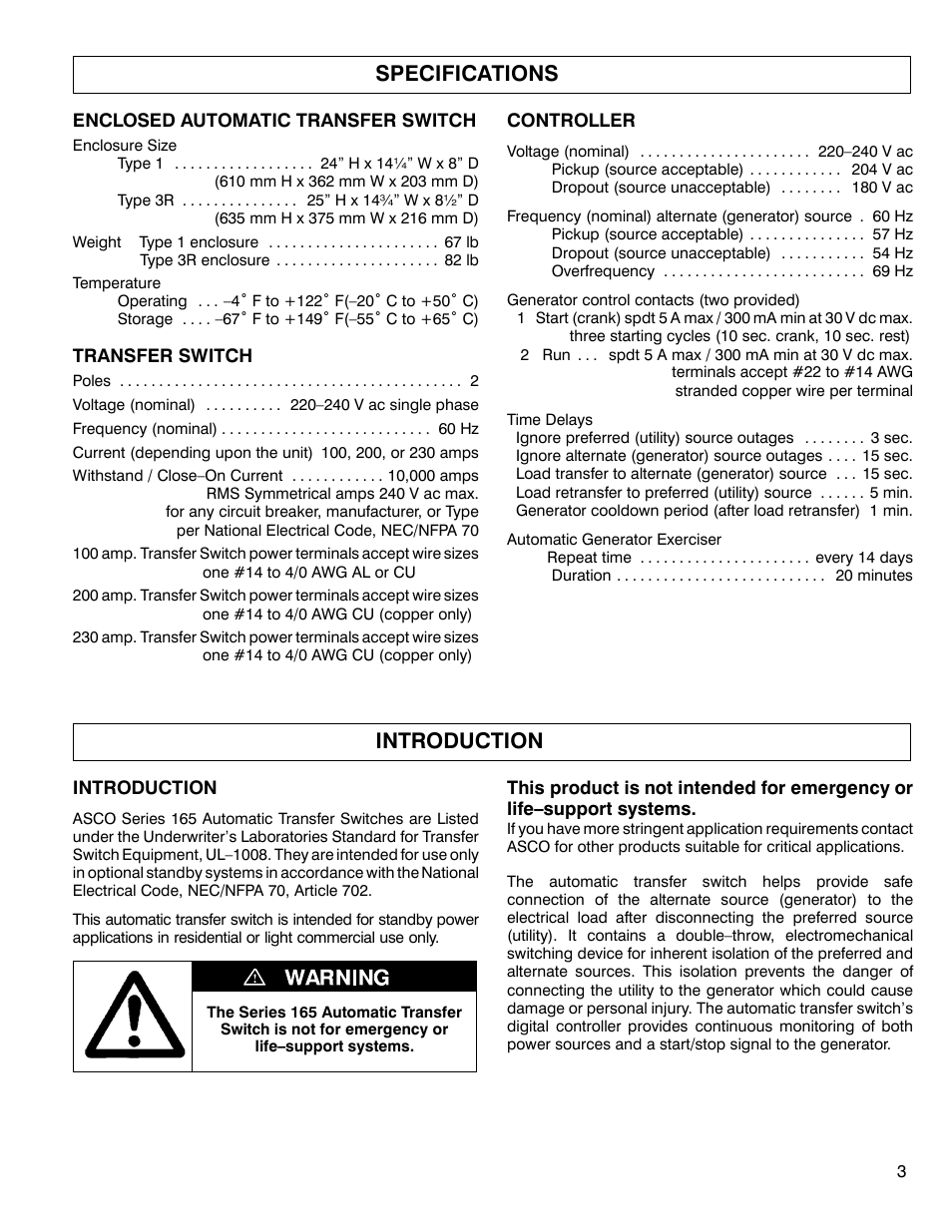 Specifications, Introduction | Winco ASCO 165 4-Wire User Manual | Page 3 / 8