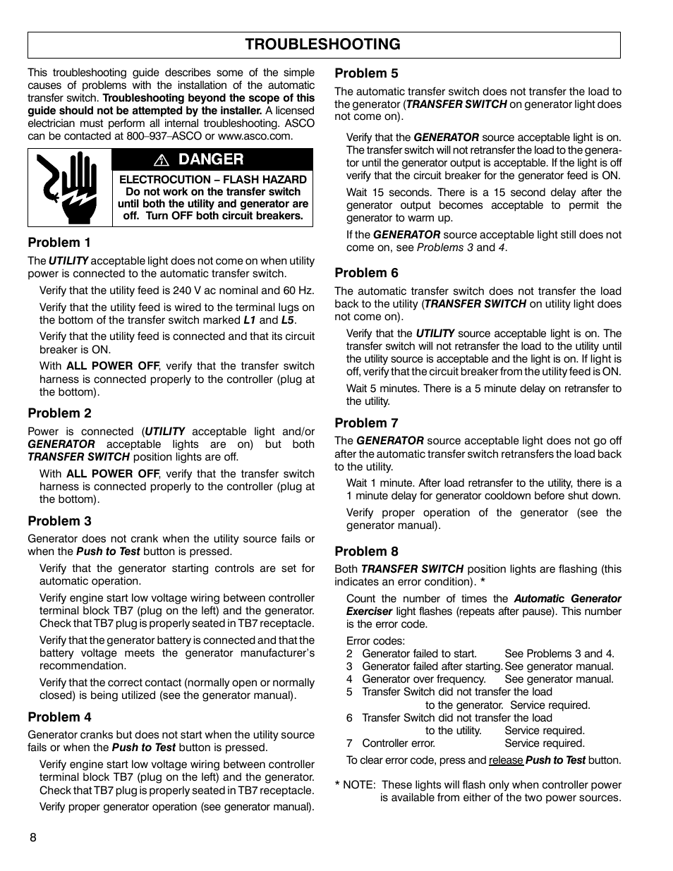 Troubleshooting | Winco ASCO 165 4-Wire User Manual | Page 8 / 8