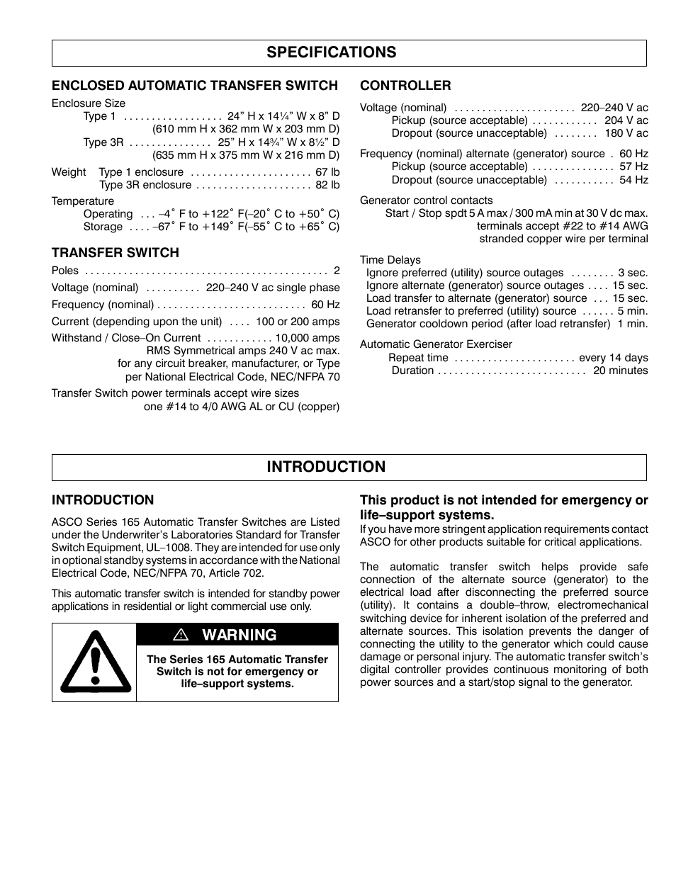 Specifications, Introduction | Winco ASCO 165 2-Wire User Manual | Page 3 / 8