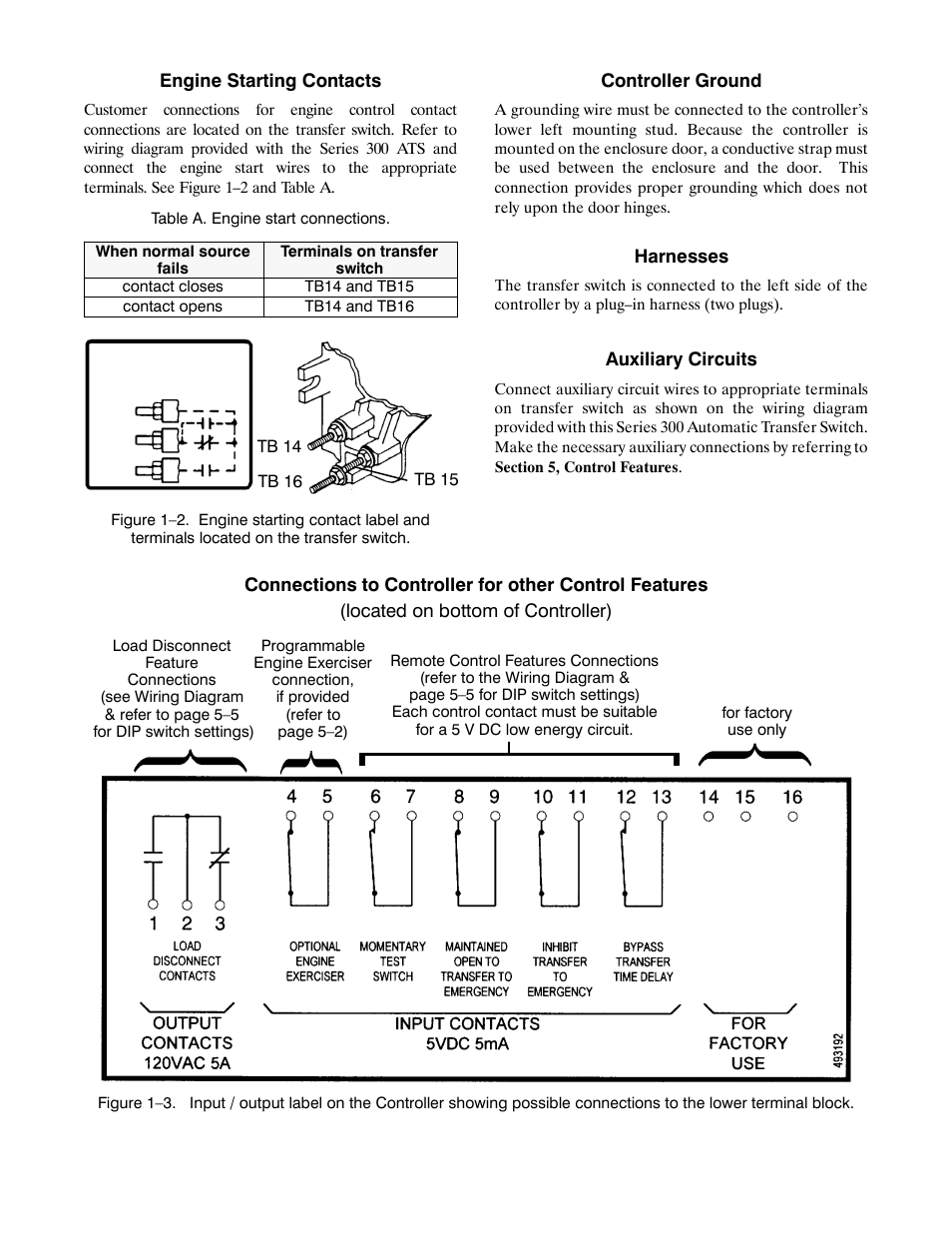 Installation, Continued), Engine starting contacts | Controller ground, Harnesses, Auxiliary circuits | Winco ASCO 300 D Design 30-230 Amp User Manual | Page 5 / 20