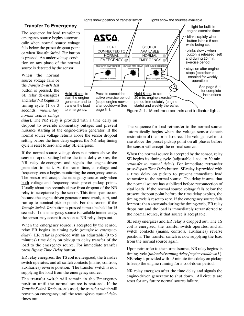 Transfer to emergency, Retransfer to normal | Winco ASCO 300 D Design 30-230 Amp User Manual | Page 9 / 20