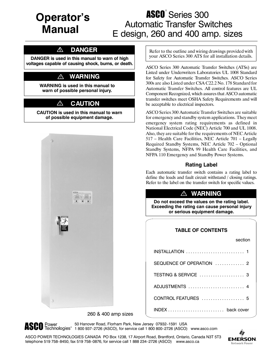 Winco ASCO 300 E Design 260-400 Amp User Manual | 19 pages