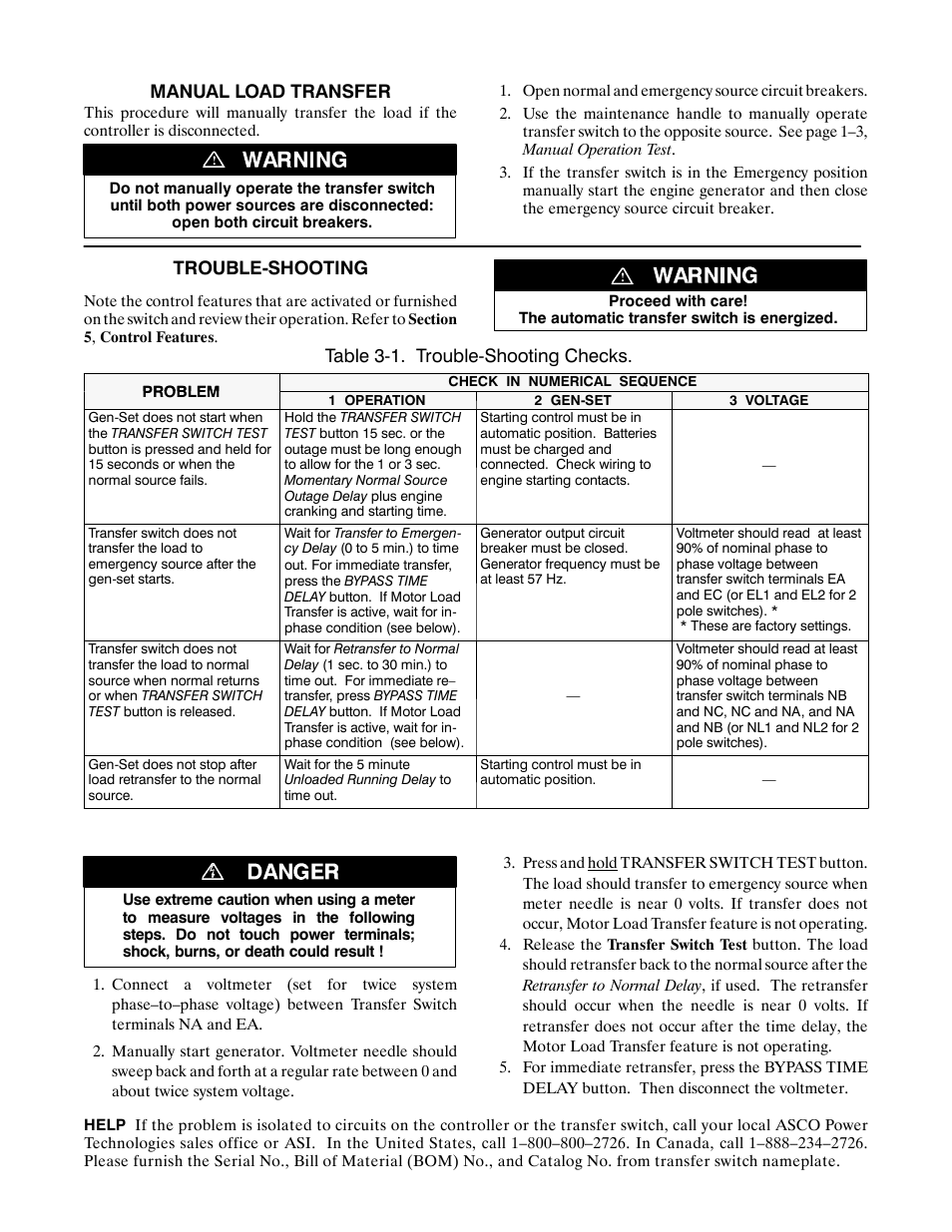 Testing & service, Continued), Manual load transfer | Trouble-shooting, Table 3-1. trouble-shooting checks | Winco ASCO 300 E Design 260-400 Amp User Manual | Page 10 / 19